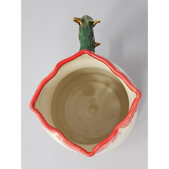 Handcrafted Ceramic Pitcher/Creamer Unique Green‎ Textured Branch Handle Red Rim - Picture 5 of 10